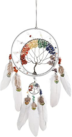 7 Chakren Baum des Lebens Traumfänger Wanddekoration mit Regenbogen Heilung Kristall Stein Handmade Grey Feather DreamCatchers Wand hängende Ornamente für Schlafzimmer Home Decor Segen Geschenk Party