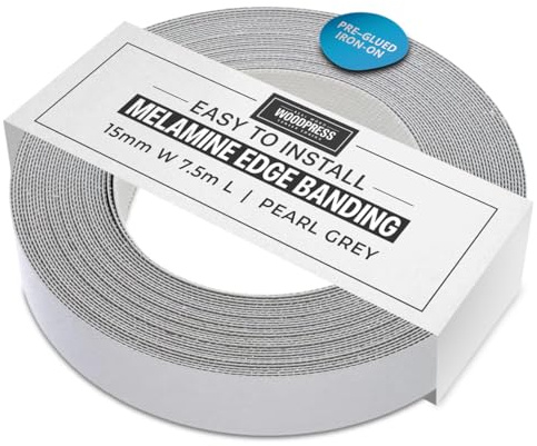 WoodPress® 15mm Perlgrau Melamin-Kantenumleimer zum Aufbügeln 7,5m | Kantenumleimer mit Schmelzkleber, flexible Bügelkante für schnelle Möbelreparatur sowie Schrank- und Regalkanten