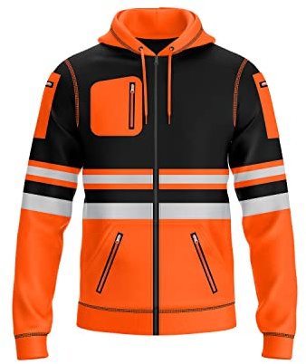 trending babz Felpa con cappuccio da uomo Hi Vis con nastro riflettente di sicurezza con coulisse multi tasche con cerniera ad alta visibilità, Arancione Nero 13, XXL