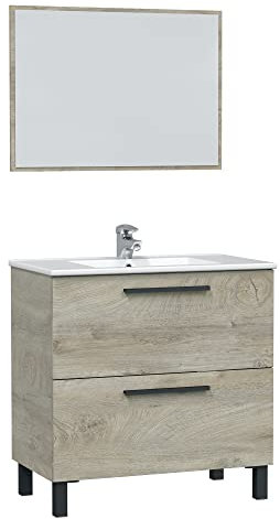 HOMN LIVING Mueble de Baño Alise con 2 Cajones, Espejo y Lavabo cerámico, Acabado en Alaska, 80 cm (Ancho) x 45 cm (Fondo) x 80 cm (Alto)