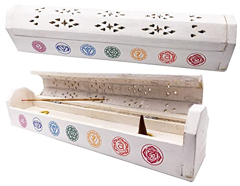 Bruciatore incenso (incensario) scatola di legno decorata a mano in India - Esclusivo disegno di Chakras BIANCO 30,5 x 6,2 x 5,5 cm - Peso 240 g. Porta incenso legno.