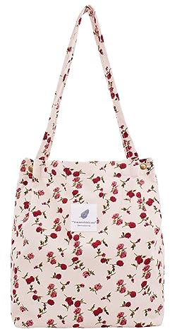 TeeYee Damen Große Handtasche Kord Shopper Cord Tote Bag für Bücher Reisen Alltag Schule Arbeit Einkaufstasche für Mädchen 40x41cm (beige rosa, One size)