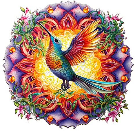 Blumuze Holzpuzzle Erwachsene,Mandala Hunmmingbird Holzpuzzle Einzigartige Tierform Puzzleteile, Puzzle aus Tierteilen, Puzzle Holz Erwachsene mit Geschenkbox aus Holz 300 Stück(L-13.8 * 13.8in)