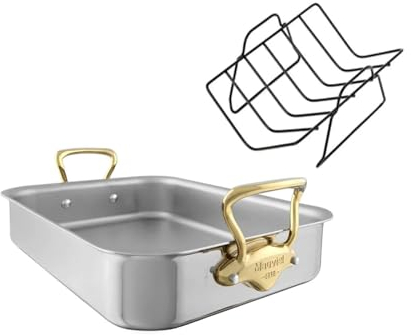 Mauviel M'Cook B 5-Ply Polished Stainless Steel Roasting Pan With Rack & Bronze Handles, 15.7 x 11.8-in, Made In France