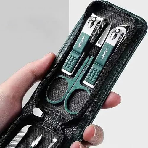 Kit Manucure Pédicure. Ensemble d'outils Coupe ongles et ciseaux en acier inoxidable avec etui de voyage (Vert/inox)