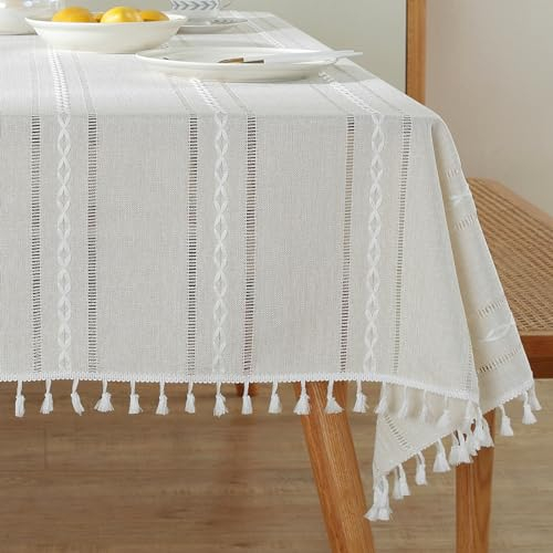 meioro Böhmische Tischdecke für Küche Dekoration, 140x200cm Makramee Tischtuch mit Quasten, Rechteckige Leinen Tischwäsche, Gestreifte Tafeldecke Mesh Tischdecken für Esstisch Tabletop(Elfenbein Weiß)