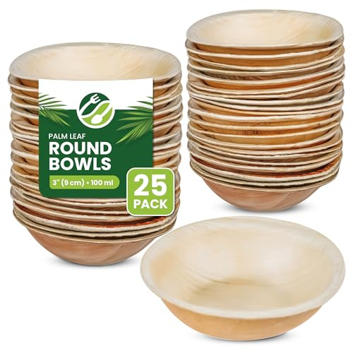 Eco Leaf 25 Disposable Palm Leaf Mini Round Bowls, 3 (9cm), 100ml (3oz) - Biodegradable Snack Bowls, Sauce Pots, Ketchup & Mayo Pots, Eco-Friendly, Microwave & Oven Safe for Parties
