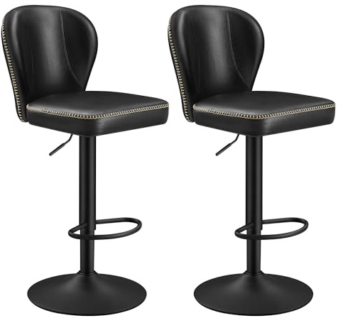 VASAGLE EKHO Kollektion - 360° drehbarer Barhocker, 2er Set, höhenverstellbarer Barstuhl mit Rückenlehne, Kunstleder, Nähte, Mid-Century-Modern-Stil, Küche, Hausbar, einfache Montage, tintenschwarz