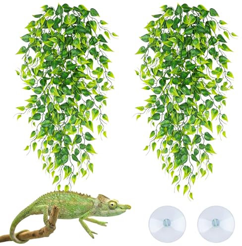 QUOZUO Reptile Tank Accessories Terrarium plants, 2 pack Reptile Hanging Plants Faux Leaves Reptile Hide with Suction Cup, Bearded Dragon Tank Accessories for Leopard Gecko Lizard Snake Chameleon