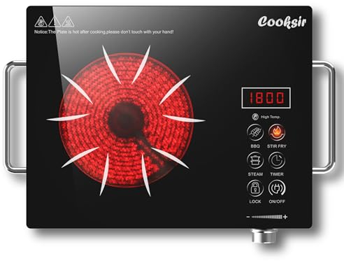 Cooksir Table de Cuisson Vitrocéramique 1 Feu avec Prise, 2000W, Plaque de Cuisson Electrique à Poignet Portable 36CM, Plaque Vitrocéramique avec Bouton Rotatif et Commande Tactile