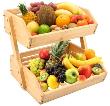 YOPEUC Cesta de Frutas De Bambú de 2 Niveles, Fruteros de Cocina 2 Pisos Cesta de Frutas y Verduras para Almacenamiento de Cocina, Verduras, Frutas, Aperitivo