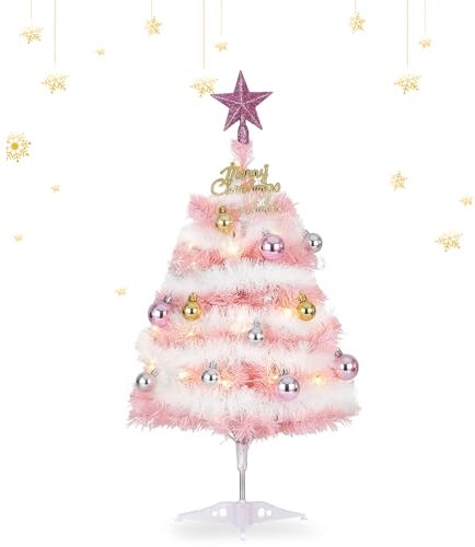 Kleiner rosafarbener Weihnachtsbaum, 60cm Mini-Weihnachtsbaum mit LED-Lichterkette und hängenden Ornamenten, Desktop-DIY für Weihnachtsdekorationen
