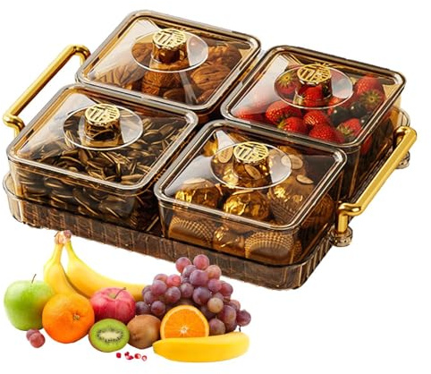 Plateau à collation divisé | Plateau à fruits – Plateau de service transparent moderne de luxe antidérapant portable avec couvercle et compartiment amovible pour fête, décoration de Noël