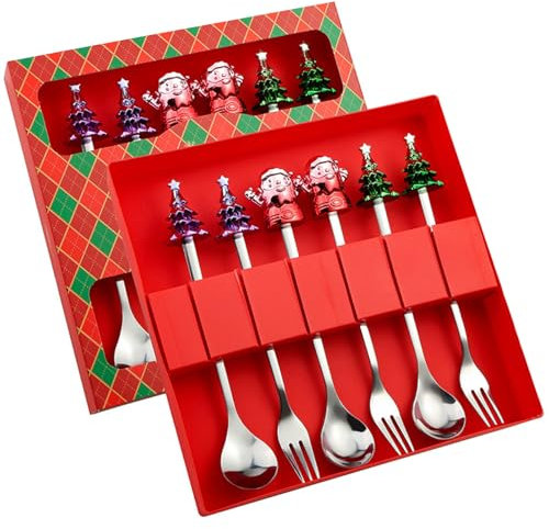 6 Pièces Couverts de Table Noël,Ensemble de Vaisselle de Noël,Cuillere Noel,Couverts en Acier Inoxydable Argenté,Cuillère à Café et Fourchette de Noël pour les Cadeaux de Noël