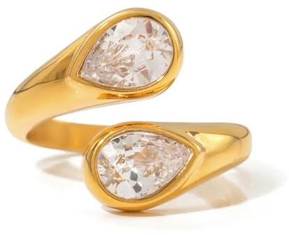 DJADEE Damen Ring Gold, 18 Karat vergoldet, Edelstahl, Zirkonia, Tropfen, Hypoallergen, Silber UVP: 35€