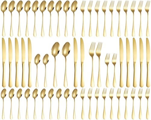 Xespis Couverts de Table 12 Personnes, Ménagère 60 Pièces en Acier Inoxydable, avec Couteau Fourchette Cuillère, Polis et Lavables au Lave-Vaisselle, pour Maison, Fête, Restaurant(Or)
