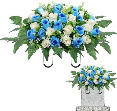 Artificial Cemetery Flowers Saddle - Grave Decoration Headstone Flower Rose for Outdoor Grave Decorations (Blue White)