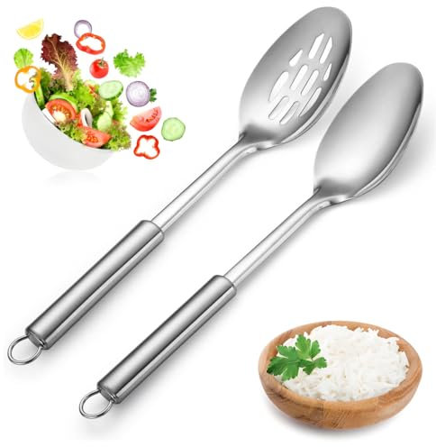 2 Stück Salatlöffel Großer Löffel EsslöFfel Servierbesteck Kochutensilien Set Edelstahl Servierlöffel und Geschlitzter Löffel Set Edelstahl Schlitzlöffel Vorlegelöffel Kochlöffel mit Langen Griffen