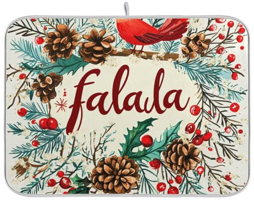 Tapete absorbente de secado de platos de Navidad con hojas de pino de acebo y pájaros rojos, secado rápido, estante de secado de platos, mate, grande, 18 x 24 pulgadas