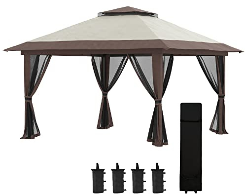 Outsunny Pavillon 4x4m Stabil Winterfest Pop-up Gartenpavillon mit Doppeldach, UV Schutz 50+ Partyzelt Gartenzelt mit 4 Seitenteilen Tasche Sandsäcke für Camping Garten Festival, Beige