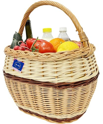 Grande cesta XL in vimini con manico – Per il trasporto di verdure, pane – Cesto leggero per auto, fatto a mano, in 3 colori - marrone chiaro, marrone scuro e bianco – 40x27x40 cm