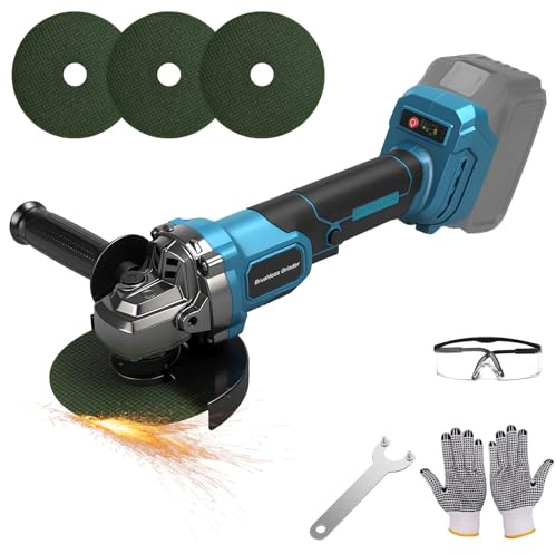 Amoladora angular con batería, compatible con batería Makita de 18 V (sin batería), lijadora profesional sin escobillas, diámetro de disco de 125 mm con 3 discos de corte, 7000 rpm, para corte y