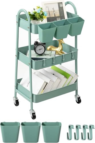danpinera Rollwagen mit 3 Ebenen, Rollwagen Metall, Servierwagen mit feststellbaren Rädern & hängenden Bechern & Haken, Mobiler Bastelwagen für Küche, Bad, Büro, Werkstatt, Grün