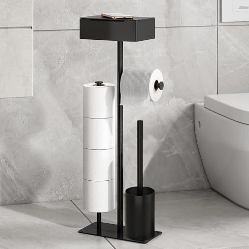 Toilet Roll Holder Free Standing - GUIGUZI Black Stainless Steel Toilet Roll Holder with Toilet Brush, Holds 4 Rolls, Bathroom Toilet Paper Dispenser with wipes box shelf