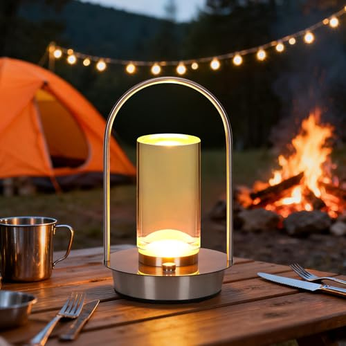VIMAZ Cordless Table Lamp Rechargeable,Protable Metal Gold Table Lamps,4000mAH Crystal Lantern Table Lamp Touch Lamp,3 Color Stepless Dimming Battery Operated Lamp for Indoor Outdoor,Camping (Silver)