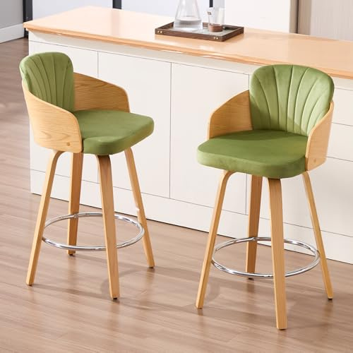 DAYALANE Barhocker 2er Set, Barstuhl Natur mit Lehne aus Samt, Grün | Gepolsterter Bistrohocker mit Fußstütze, Bar Stool aus Holz, Tresenhocker Küchenhocker für Küche Bistro Café Theke