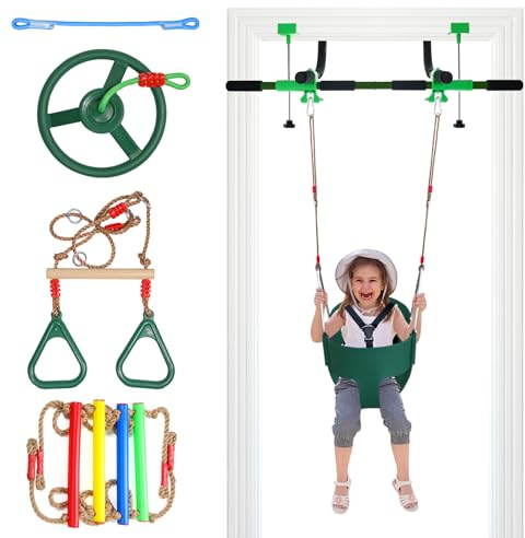 Doorway Swing for Kids & Door Pull Up Bar for Adults, Indoor Kid Swing with 4 Accessories, Multi-Function Doorway Gym, Fits Door Frame 24.41-30.51'' W x 3.94-6.69'' Thickness (Dark green)