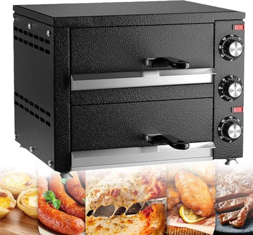 Electric Pizza Oven 12 16 - Indoor 2-Tier Commercial Pizza Maker, Stainless Steel Cooker with Pizza Stone and Timer for Restaurants and Home Baking
