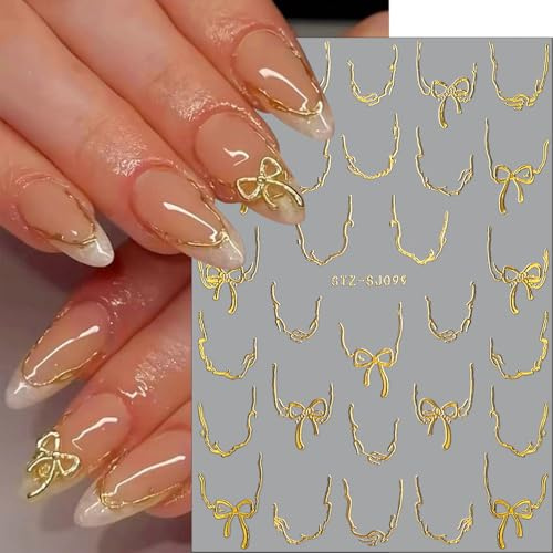 4 Blätter Gold Französisch Linie Schleifen Nagelsticker 3D French Tip Streifen Welle Kurve Bogen Nail Sticker Schieber Bow Linien Nagel Stickers Ästhetik Schleife Nageldesign Nagel Zubehör Nail Art
