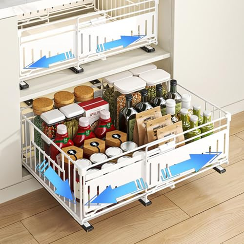HABITELLO Organizador de Cajones Extraíbles para Cocina, Bandeja de Armario Telescópica Metálica para Especias y Botellas Sin Taladro, Ancho Ajustable 32.5 a 50 cm