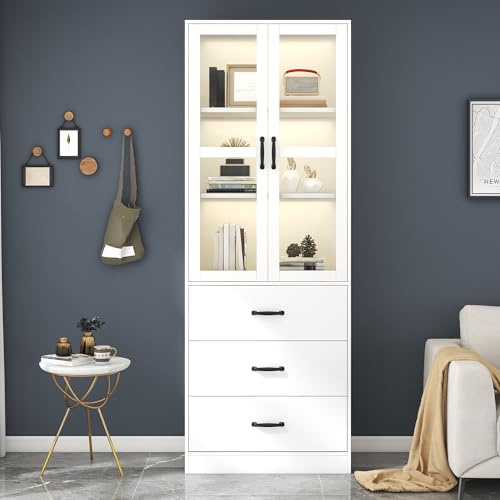 Vitrine 200 cm hoch weiß mit LED Beleuchtung 2 Glastüren 3 Schubladen verstellbare Einlegeböden Standvitrine Glasvitrine Wohnzimmerschrank Sammlervitrine modern