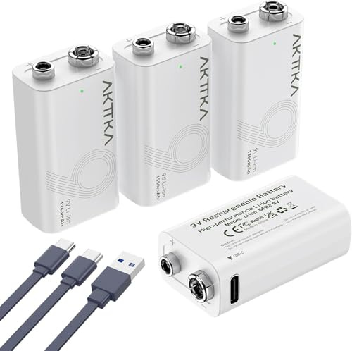 AKTTKA Lot de 4 Piles Rechargeables au Lithium 9V (1350mAh), avec Câble de Charge de Type C, Particulièrement Adaptées Aux Multimètres Portables, Aux Détecteurs de Métaux et Aux Testeurs de Ligne
