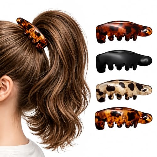 4 Pack Banana Hair Clips for Women, Non Slip Ponytail Holders, Strong Hold Hair Accessories for Ponytails, Buns and Curly Hairstyles (Brown Tortoiseshell)
