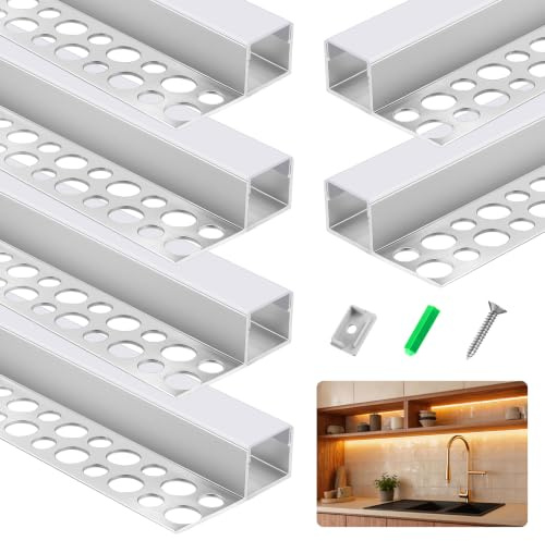 Plaster-in LED Profile 6 Pack 1M/3.3ft, LED Aluminium Channel with Milky Diffuser, Fits LED Strips up to 13mm Wide, Trimless Recessed LED Strip Channel with Single Flange Design for Ceiling and Wall