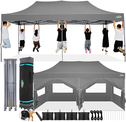COBIZI Gazebo 3x6 Pieghevole Impermeabile con Parete Laterale,Gazebo Esterno Resistente,Tende per Gazebo,Tendone Padiglione Pop Up per Feste Campeggio (3 per 6m Grigio)