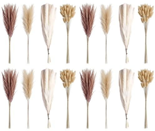 100 pcs Herbe de la Pampa décorative, Bouquet de Fleurs séchées, avec Herbe de la Pampa, Roseau, queues de Lapin et plumeau, 44 cm, Composition Florale bohème pour Maison, Mariage, DIY décor