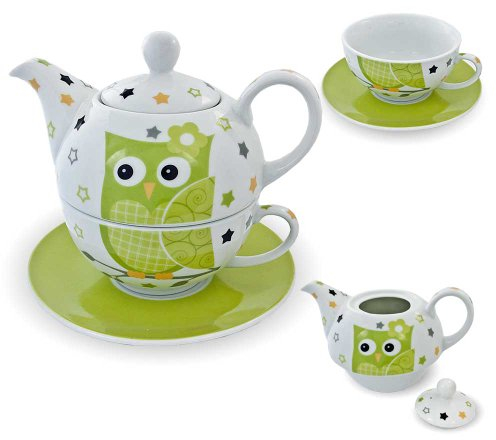 G. Wurm GmbH + Co. KG Porzellan-Tee-Set „Tea for One“ Teeservice mit Teekanne, Tasse, Untertasse grün/weiß/Eule