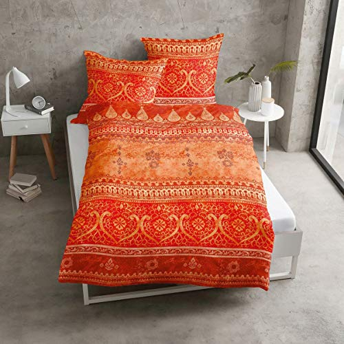 Traumschlaf Satin Bettwäsche Indi Orange – 100 % Baumwolle, glänzend & atmungsaktiv, orientalisches Design mit Ornamenten 135x200 cm + 80x80 cm