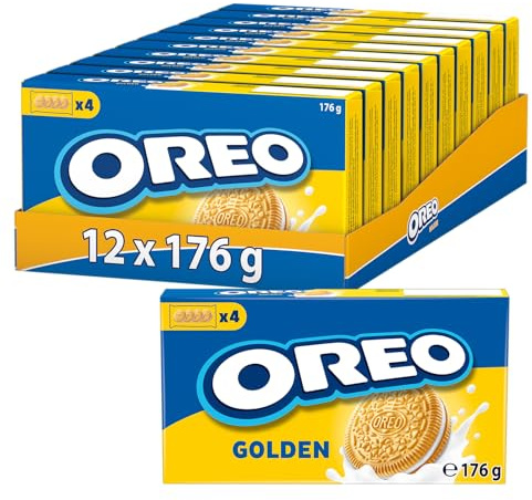 OREO Golden – Knusprige Vanille Crème Kekse, 12 x 176 g | Knusprige Weizenkekse mit cremiger Vanillefüllung, Multipack zum Teilen
