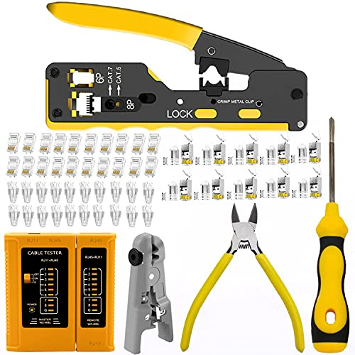 Gaobige RJ45 Crimpzangen-Set, Durchreiche Cat7, Cat6A, Cat6, Cat5e, Cat5, RJ45, Crimpzange mit 10 abgeschirmten Cat7-Steckern, 10 Abdeckungen, 20 Abdeckungen, Netzwerk-Tester