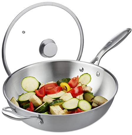Relaxdays Sartén Wok, 32 cm Ø, Acero Inoxidable Sin Recubrimiento, Tapa de Cristal, Inducción, Gas y Eléctrica, Plateado