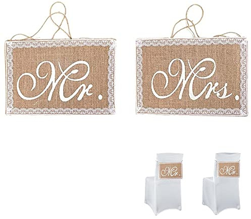 YJFY Hochzeitsdekoration - Mr & Mrs Stuhl Banner Set, Leinen Girlande für Zeremonie, Fotorequisiten und Brautdusche