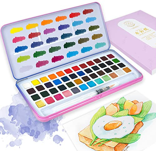 MeiLiang Watercolour Paint Set, 48 Colours with Watercolour Paper, 100% Cotton Rag with Glitter Sparkling Effect, Suitable for Watercolour Beginners and Professional