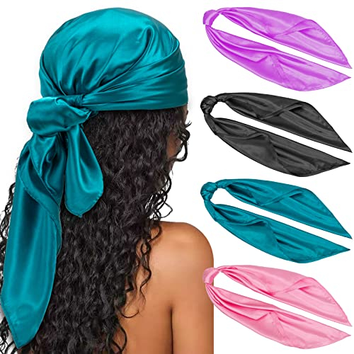 DRESHOW 90x90cm Große Quadratische Schals für Damen 4 Stück Seide Kopftuch Bandanas Haartuch Halstuch Haarschmuck