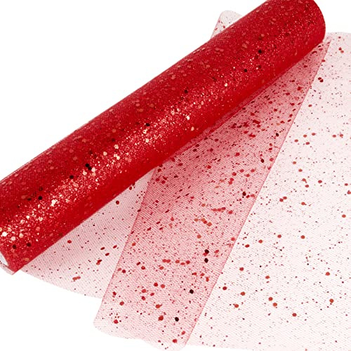 30cm x 9M Tüll Stoff Rot Dekostoff Tüll Rolle Tischläufer Weihnachten Valentinstag mit Glitzern aus Tüllstoff Tischband Tüllband für Hochzeit (Rot)