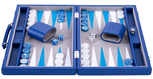 Engelhart - Luxus Backgammon 38 cm - hochwertige Materialien - Kunstleder, spezielle Filzeinlage - Perlmuttwürfel und Token + 2 Bechern - Profi- und Freizeit